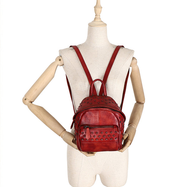 Women's Mini Leather Backpack Purse With Rivets Leather Rucksack For Women Funky