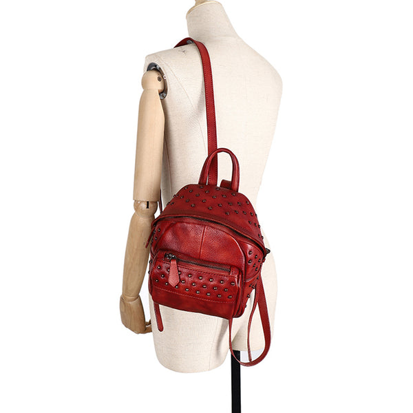 Women's Mini Leather Backpack Purse With Rivets Leather Rucksack For Women Genuine Leather