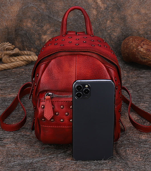 Women's Mini Leather Backpack Purse With Rivets Leather Rucksack For Women Unique