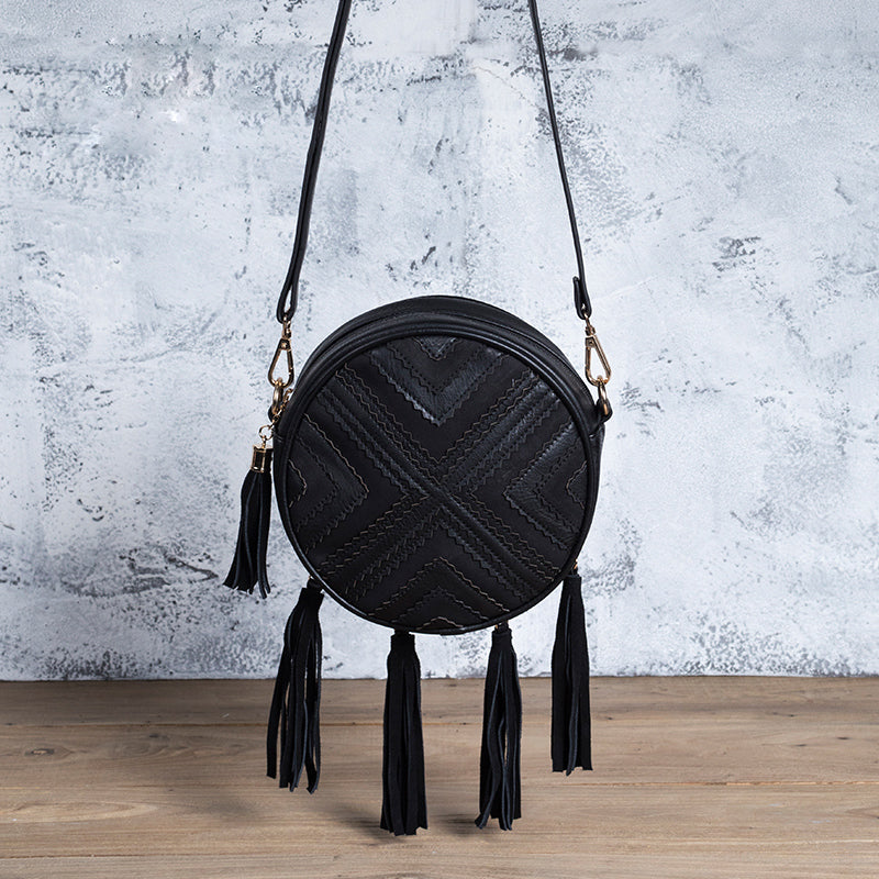 Women's Vegan Leather Round Crossbody Boho Bag With Fringe Cross Shoulder Bag For Women Accessories