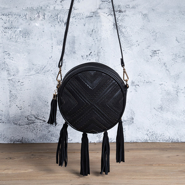 Women's Vegan Leather Round Crossbody Boho Bag With Fringe Cross Shoulder Bag For Women Accessories