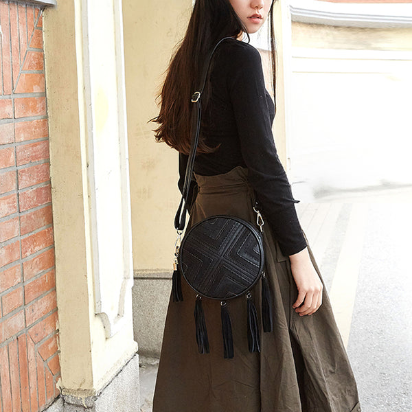 Women's Vegan Leather Round Crossbody Boho Bag With Fringe Cross Shoulder Bag For Women Beautiful