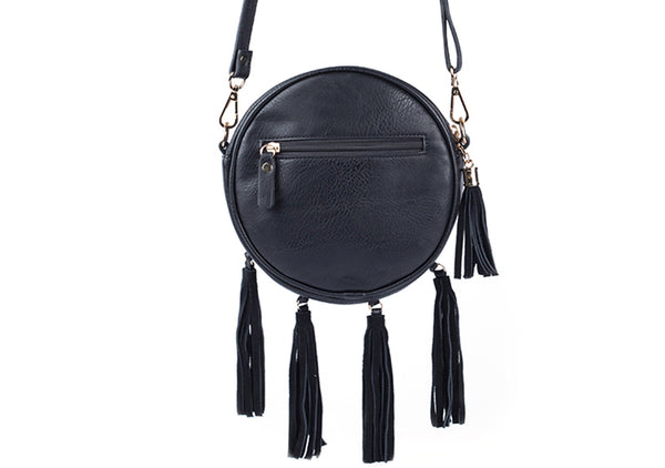 Women's Vegan Leather Round Crossbody Boho Bag With Fringe Cross Shoulder Bag For Women Casual