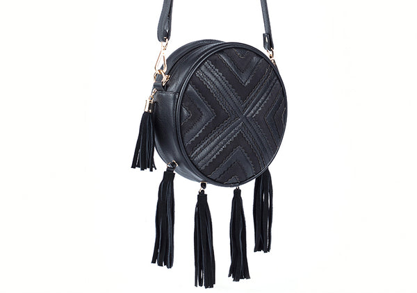 Women's Vegan Leather Round Crossbody Boho Bag With Fringe Cross Shoulder Bag For Women Cute