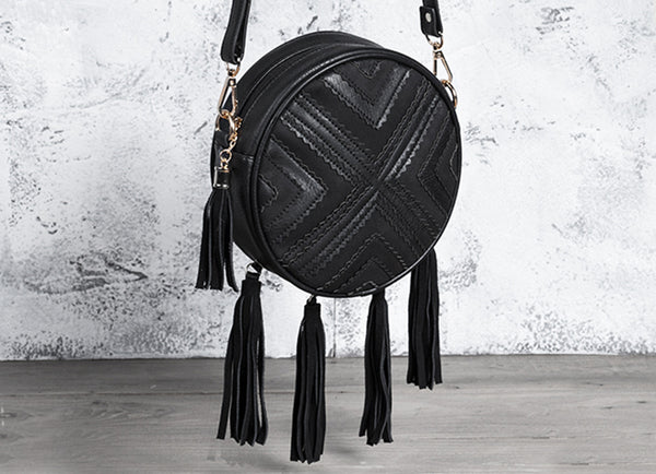 Women's Vegan Leather Round Crossbody Boho Bag With Fringe Cross Shoulder Bag For Women Gift