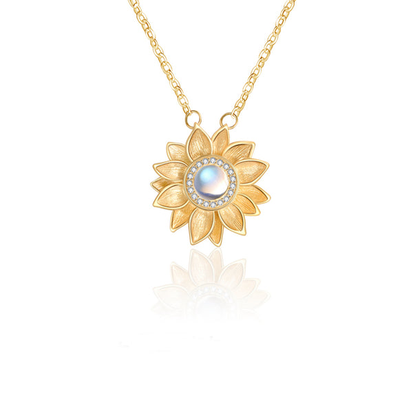 Womens 18K Gold Plated Silver Flower Moonstone Pendants Necklace for Women