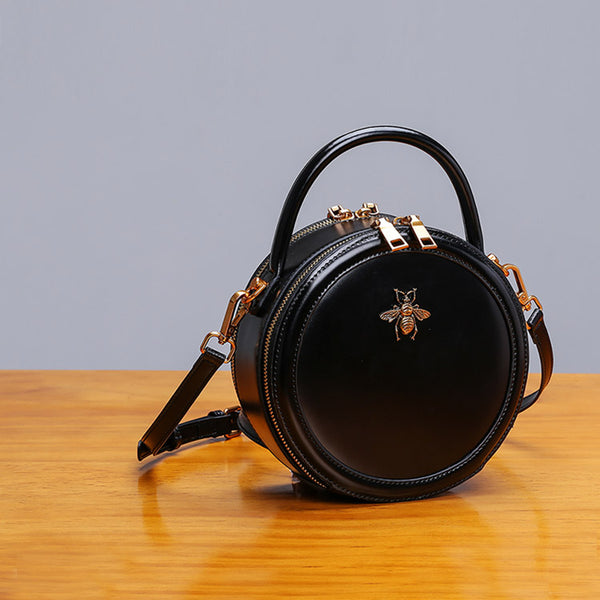 Womens Bee Leather Circle Bag Crossbody Bags Shoulder Bag Purses for Women Handmade