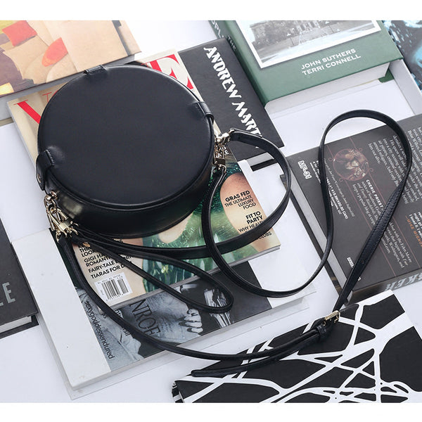 Womens Black Leather Crossbody Bags Circle Bag for Women