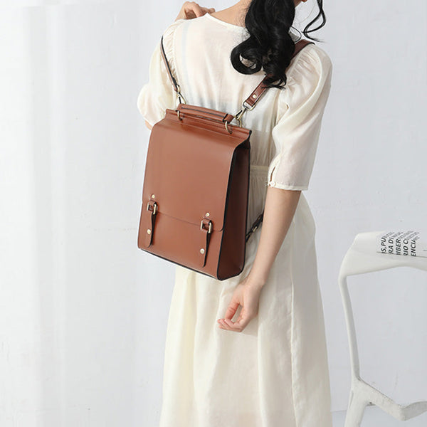 Ladies Square Leather Backpack Brown Leather Backpack