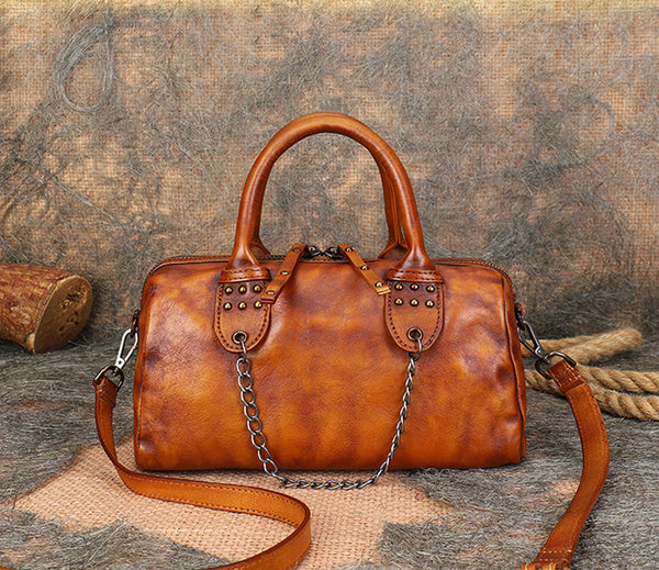 Womens Black Studded Handbag Genuine Leather Crossbody Bags Brown