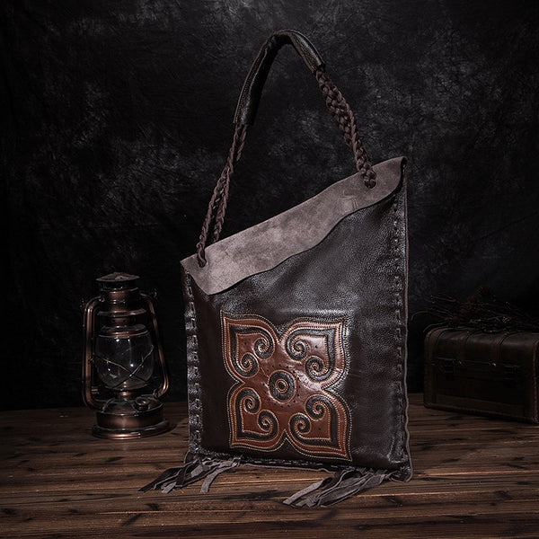 Large Womens Boho Black Genuine Leather Fringe Tote Handbags Purse for Women
