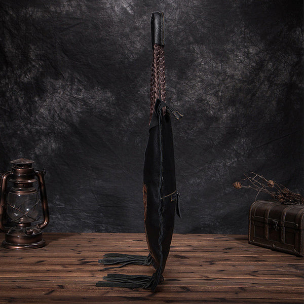 Womens Boho Black Genuine Leather Fringe Tote Handbags Purse for Women Cowhide