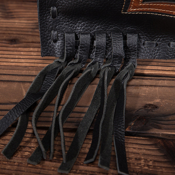 Womens Boho Black Genuine Leather Fringe Tote Handbags Purse for Women Handmade