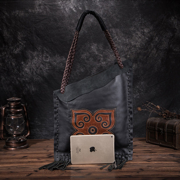 Womens Boho Black Genuine Leather Fringe Tote Handbags Purse for Women