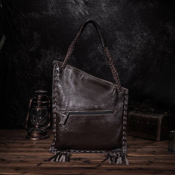 Large Womens Boho Brown Genuine Leather Fringe Tote