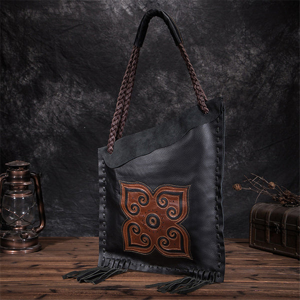 Womens Boho Black Genuine Leather Fringe Tote Handbags Purse