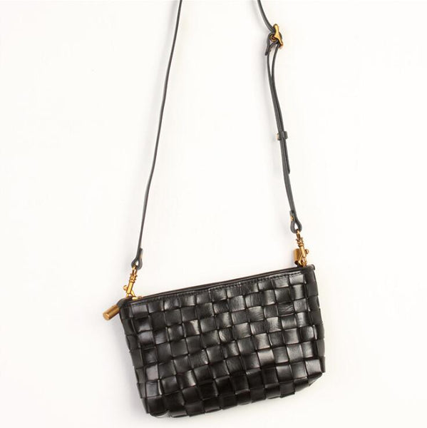 Womens Boho Sling Bag Woven Leather Crossbody Bag For Women Black