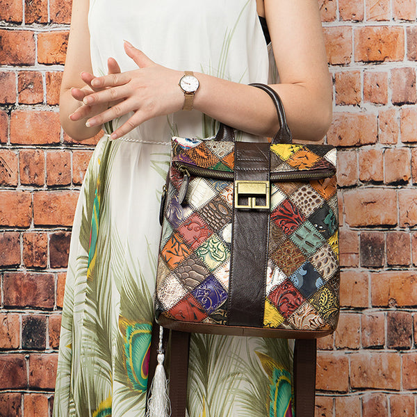 Womens Boho Square Leather Backpack Bag Ladies Small Leather Rrucksack For Women Casual