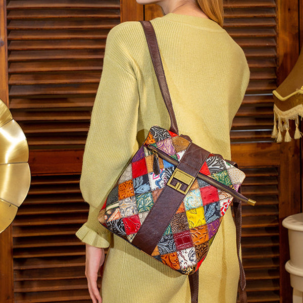 Womens Boho Square Leather Backpack Bag Ladies Small Leather Rrucksack For Women Cowhide