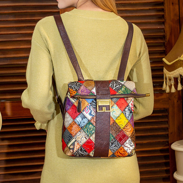 Womens Boho Square Leather Backpack Bag Ladies Small Leather Rrucksack For Women Cute