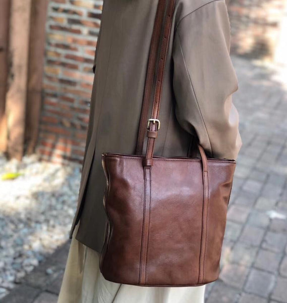 Womens Brown Genuine Leather Tote Handbags Over The Shoulder Purse for Women