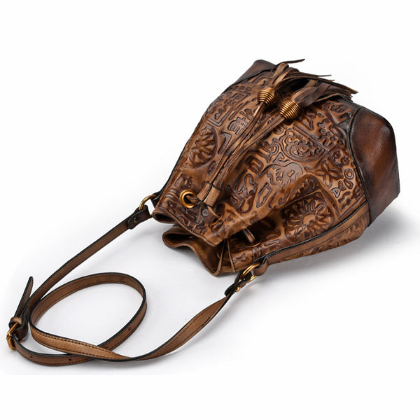 Womens Brown Leather Crossbody Bucket Bag Western Purse With Fringe for Women Black