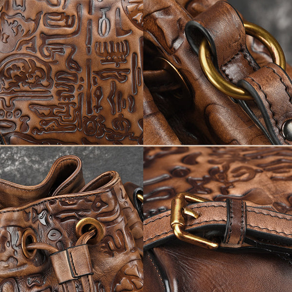 Womens Brown Leather Crossbody Bucket Bag Western Purse With Fringe for Women Cowhide