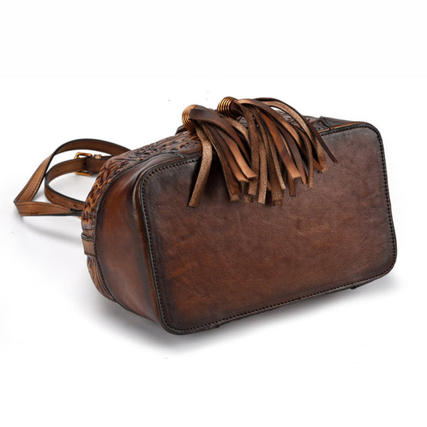 Womens Brown Leather Crossbody Bucket Bag Western Purse With Fringe for Women Cute
