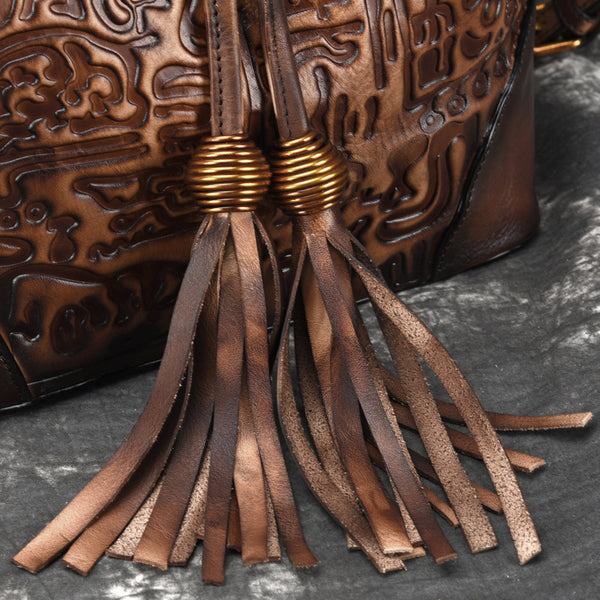 Womens Brown Leather Crossbody Bucket Bag Western Purse With Fringe for Women Designer