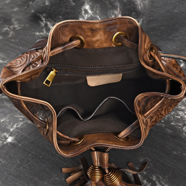 Womens Brown Leather Crossbody Bucket Bag Western Purse With Fringe for Women Durable