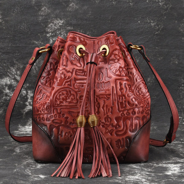 Womens Brown Leather Crossbody Bucket Bag Western Purse With Fringe for Women