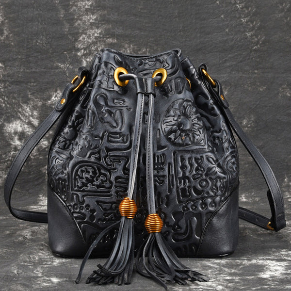 Womens Brown Leather Crossbody Bucket Bag Western Purse With Fringe