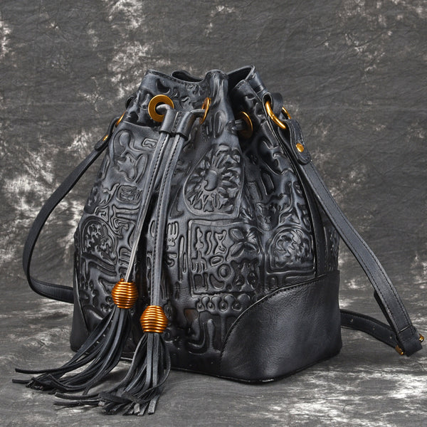 Womens Brown Leather Crossbody Bucket Bag Western Purse With Fringe for Women