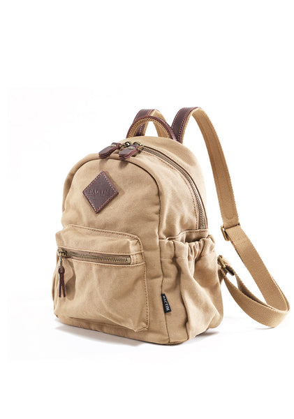 Stylish Women's Brown Canvas And Leather Backpack Purse Small Rucksack Bag With Zipper