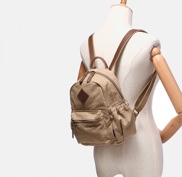 Stylish Women's Brown Canvas And Leather Backpack Purse Small Rucksack Bag With Zipper