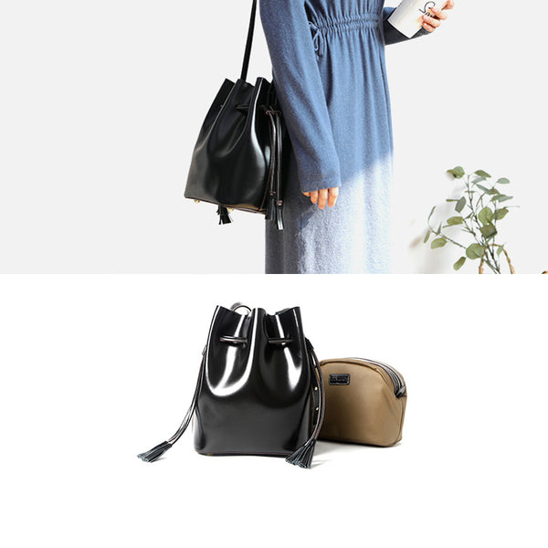 Womens Chic Bucket Bag Leather Crossbody Bags Shoulder Bag for Women Brown