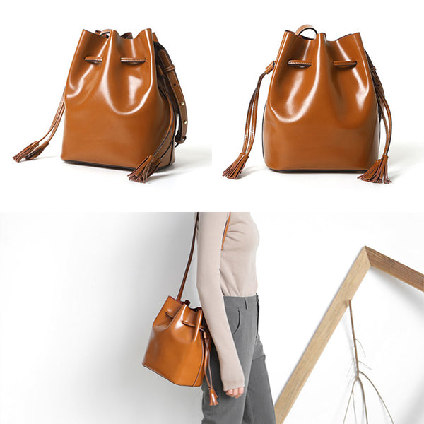 Womens Chic Bucket Bag Leather Crossbody Bags Shoulder Bag for Women Vintage