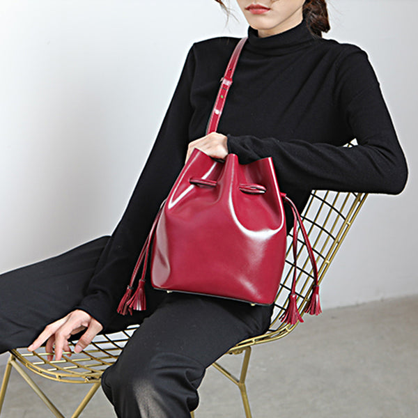 Womens Chic Bucket Bag Leather Crossbody Bags Shoulder Bag for Women Genuine Leather