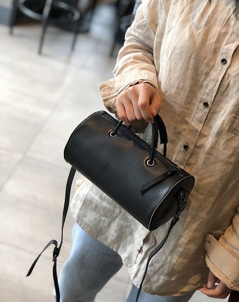 Womens Cylinder Bag Black Leather Crossbody Bag Shoulder Bag Funky