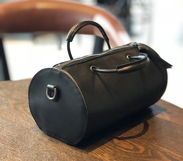 Womens Cylinder Bag Black Leather Crossbody Bag Shoulder Bag Stylish