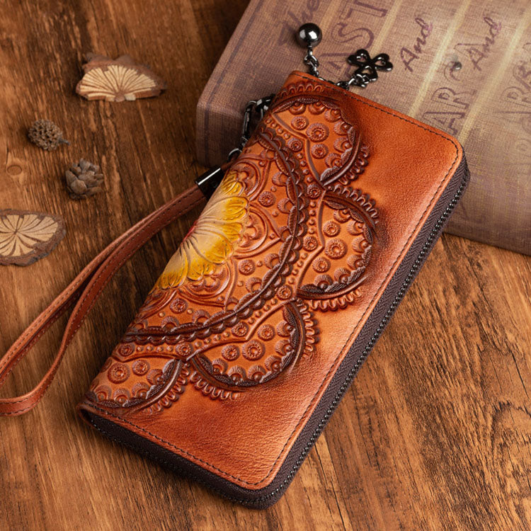 Womens Embossed Genuine Leather Zip Around Wallet Clutch Wallet Purse For Women Beautiful