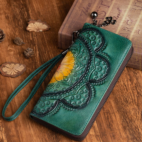 Womens Embossed Genuine Leather Zip Around Wallet Clutch Wallet Purse For Women