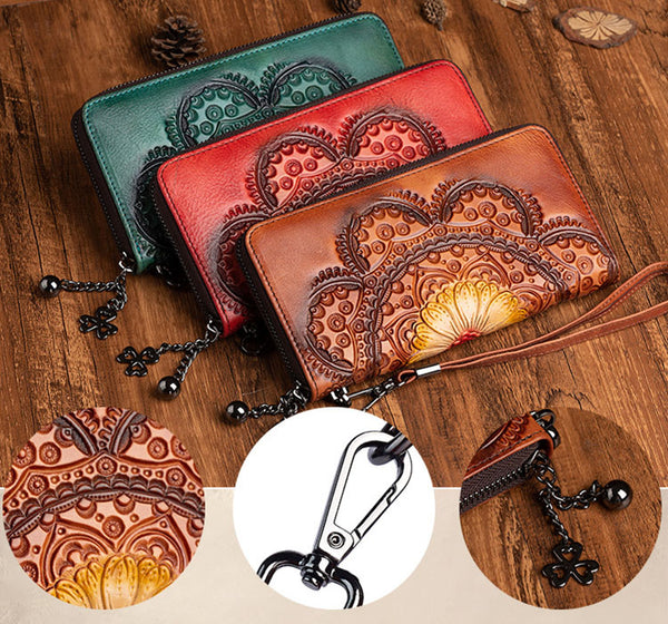 Womens Embossed Genuine Leather Zip Around Wallet Clutch Wallet Purse For Women Cowhide