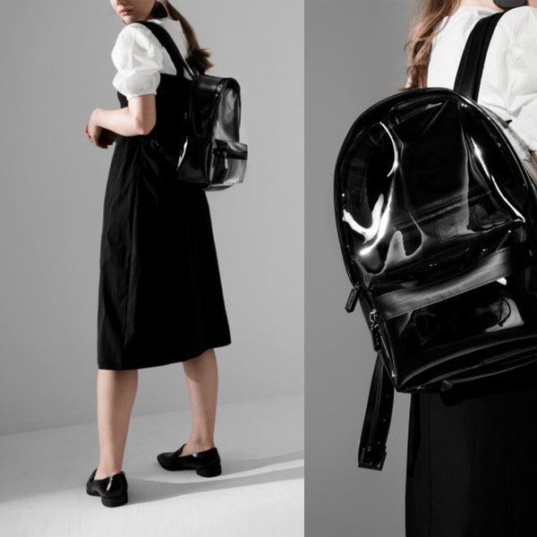 Womens Fashion Black PVC and Leather Backpack Bag Purse Funky Backpacks for Women cool