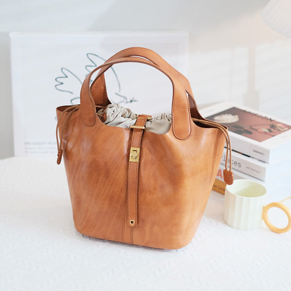 Womens Genuine Leather Bucket Bags Black Leather Handbag For Women Cool