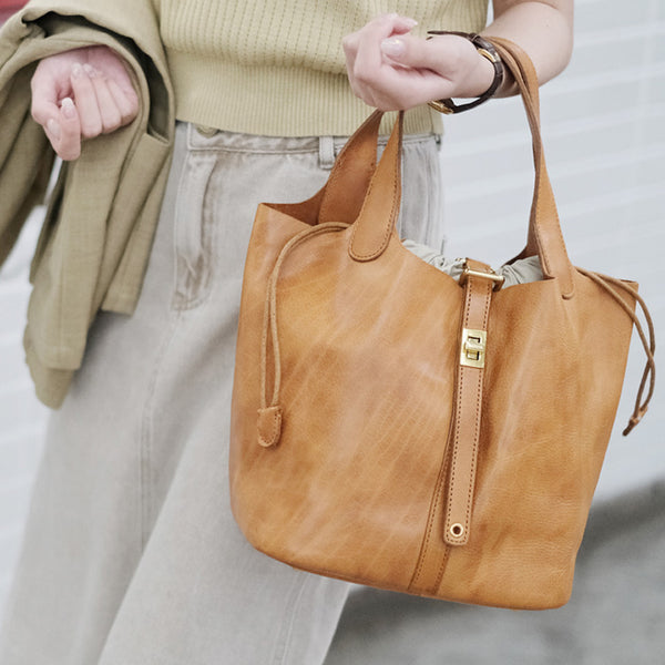 Womens Genuine Leather Bucket Bags Black Leather Handbag For Women Cowhide