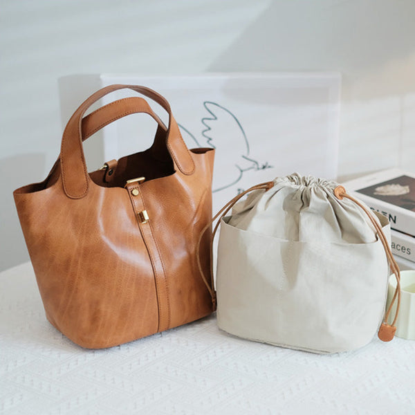 Womens Genuine Leather Bucket Bags Black Leather Handbag For Women Fashion