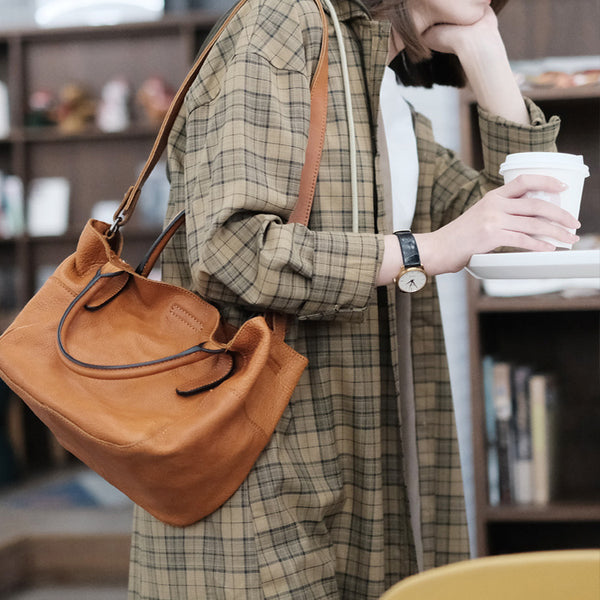 Womens Genuine Leather Bucket Bags Brown Leather Crossbody Bag Badass