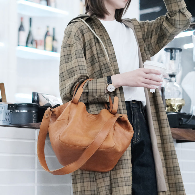 Womens Genuine Leather Bucket Bags Brown Leather Crossbody Bag Brown