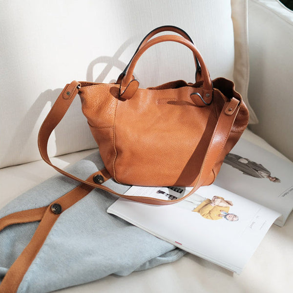 Womens Genuine Leather Bucket Bags Brown Leather Crossbody Bag Casual